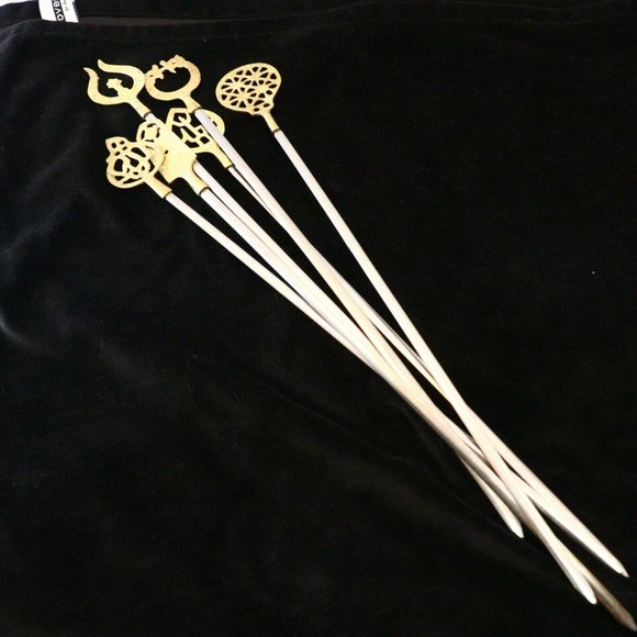 SOLD-6 Vintage 1960's Turkish Stainless Steel & Brass Shish Kebab Skewers, - Picture 7 of 11